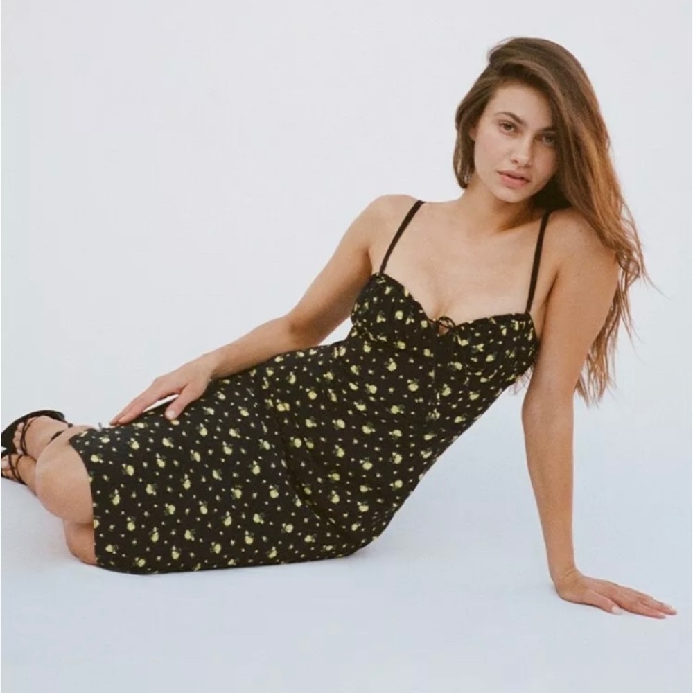 NEW REALISATION THE IRIS FLORENCE BLACK YELLOW FLORAL SILK MIDI DRESS SIZE S